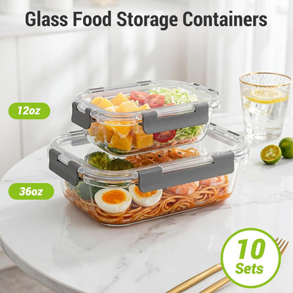 10 Sets 36 Oz & 12 Oz Glass Food Storage Containers with Lids, Gray | 20-Piece Airtight Leak-Proof Glass Meal Prep Containers with Lids, Microwave Oven Freezer Dishwasher Safe