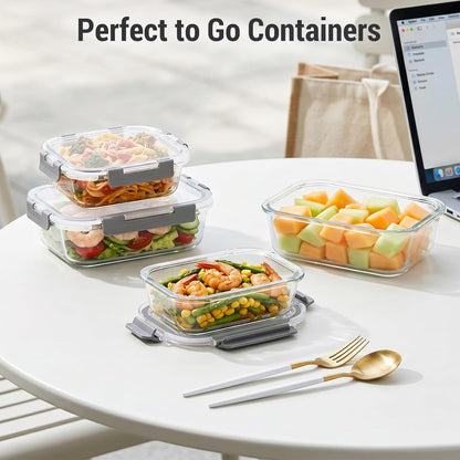 10 Sets 36 Oz & 12 Oz Glass Food Storage Containers with Lids, Gray | 20-Piece Airtight Leak-Proof Glass Meal Prep Containers with Lids, Microwave Oven Freezer Dishwasher Safe