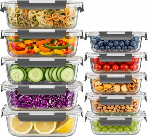 10 Sets 36 Oz & 12 Oz Glass Food Storage Containers with Lids, Gray | 20-Piece Airtight Leak-Proof Glass Meal Prep Containers with Lids, Microwave Oven Freezer Dishwasher Safe